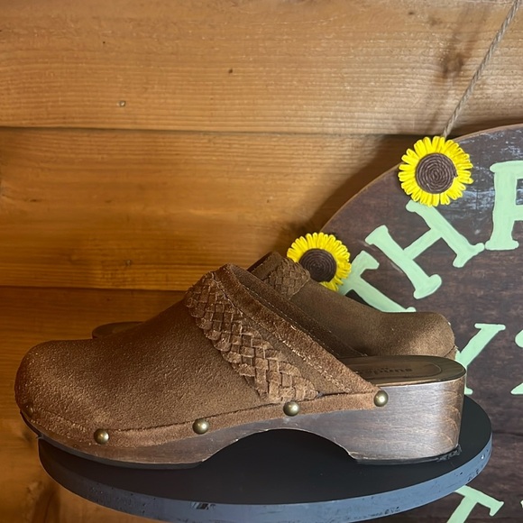 Sundance Suede Leather Mule Clog Wood Shoe Slip on Brown Braided Stud - Picture 1 of 7